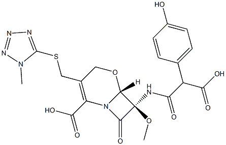 (6R,7R)-7-[2-Carboxy-2-(p-hydroxyphenyl)acetylamino]-7-methoxy-3-(1-methyl-1H-tetrazol-5-ylthiomethyl)-8-oxo-5-oxa-1-azabicyclo[4.2.0]oct-2-ene-2-carboxylic acid 구조식 이미지