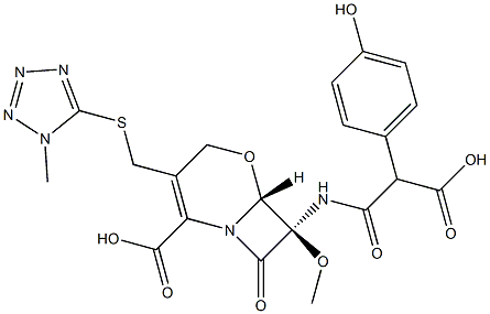 (6R,7R)-7-[2-Carboxy-2-(p-hydroxyphenyl)acetylamino]-7-methoxy-3-(1-methyl-1H-tetrazol-5-ylthiomethyl)-8-oxo-5-oxa-1-azabicyclo[4.2.0]oct-2-ene-2-carboxylic acid Structure