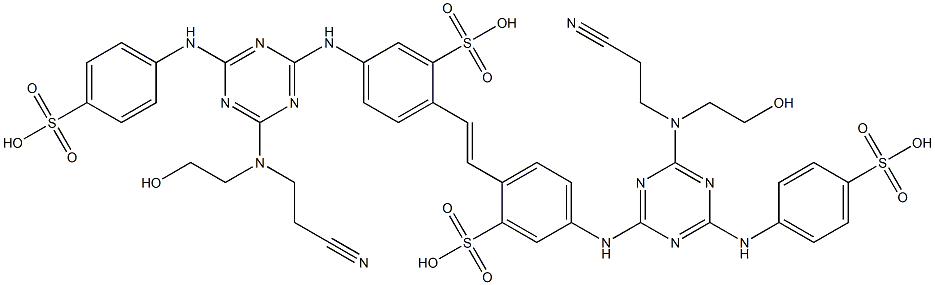 2,2'-(1,2-Ethenediyl)bis[5-[[4-[(2-hydroxyethyl)(2-cyanoethyl)amino]-6-[(4-sulfophenyl)amino]-1,3,5-triazin-2-yl]amino]benzenesulfonic acid] 구조식 이미지