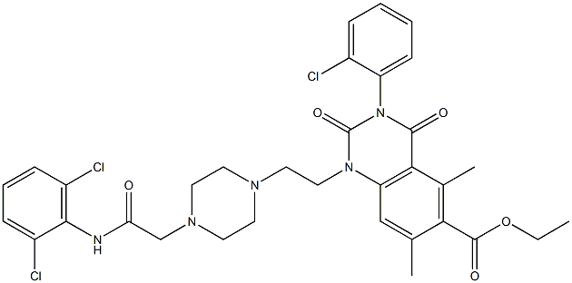 1,2,3,4-Tetrahydro-3-(2-chlorophenyl)-1-[2-[4-(2,6-dichlorophenylaminocarbonylmethyl)-1-piperazinyl]ethyl]-5,7-dimethyl-2,4-dioxoquinazoline-6-carboxylic acid ethyl ester Structure
