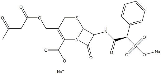 8-Oxo-3-(3-oxobutyryloxymethyl)-7-[[(2R)-2-phenyl-2-(sodiooxysulfonyl)acetyl]amino]-5-thia-1-azabicyclo[4.2.0]oct-2-ene-2-carboxylic acid sodium salt Structure