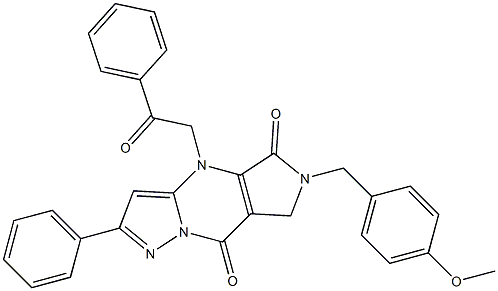 6,7-Dihydro-6-(4-methoxybenzyl)-4-(2-oxo-2-phenylethyl)-2-phenyl-4H-1,4,6,8a-tetraaza-s-indacene-5,8-dione 구조식 이미지