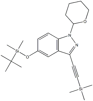 5-(tert-butyldimethylsilyloxy)-1-(tetrahydro-2H-pyran-2-yl)-3-(2-(trimethylsilyl)ethynyl)-1H-indazole 구조식 이미지