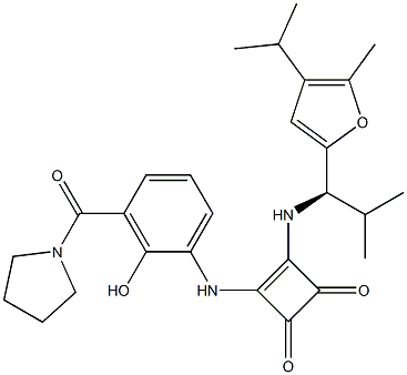 (R)-3-((2-hydroxy-3-(pyrrolidine-1-carbonyl)
phenyl)amino)-4-((1-(4-isopropyl-5-methyl
furan-2-yl)-2-methylpropyl)amino)cyclobut
-3-ene-1,2-dione Structure