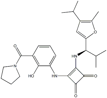 (R)-3-((2-hydroxy-3-(pyrrolidine-1-carbonyl)
phenyl)amino)-4-((1-(4-isopropyl-5-methyl
furan-2-yl)-2-methylpropyl)amino)cyclobut
-3-ene-1,2-dione 구조식 이미지