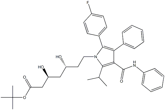 tert-butyl (3S,5R)-7-(2-(4-fluorophenyl)-5-isopropyl-3-phenyl-4- (phenylcarbamoyl)-1H-pyrrol-1-yl)-3,5-dihydroxyheptanoate Structure