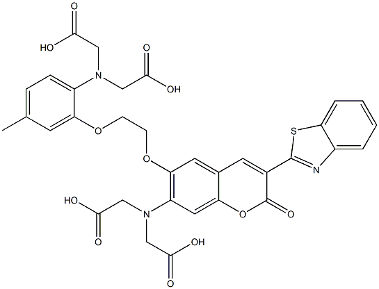 N-(3-(2-benzothiazolyl)-6-(2-(2-(bis(carboxymethyl)amino)-5-methylphenoxy)ethoxy)-2-oxo-2H-1-benzopyran-7-yl)-N-(carboxymethyl)glycine 구조식 이미지