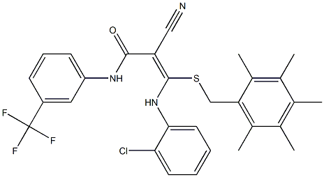 N1-[3-(trifluoromethyl)phenyl]-3-(2-chloroanilino)-2-cyano-3-[(2,3,4,5,6-pentamethylbenzyl)thio]acrylamide 구조식 이미지