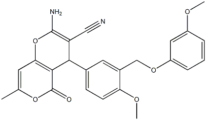 2-amino-4-{4-methoxy-3-[(3-methoxyphenoxy)methyl]phenyl}-7-methyl-5-oxo-4H,5H-pyrano[4,3-b]pyran-3-carbonitrile Structure