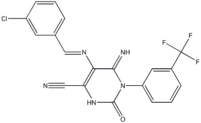 5-{[(E)-(3-chlorophenyl)methylidene]amino}-6-imino-2-oxo-1-[3-(trifluoromethyl)phenyl]-1,2,3,6-tetrahydro-4-pyrimidinecarbonitrile Structure