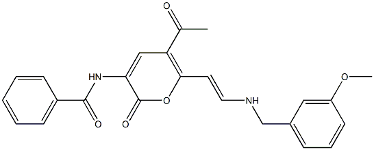 N-(5-acetyl-6-{(E)-2-[(3-methoxybenzyl)amino]ethenyl}-2-oxo-2H-pyran-3-yl)benzenecarboxamide Structure