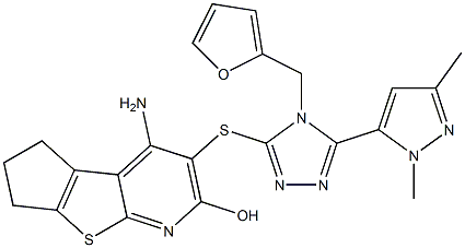 4-amino-3-{[5-(1,3-dimethyl-1H-pyrazol-5-yl)-4-(2-furylmethyl)-4H-1,2,4-triazol-3-yl]sulfanyl}-6,7-dihydro-5H-cyclopenta[4,5]thieno[2,3-b]pyridin-2-ol Structure