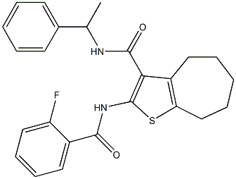 2-[(2-fluorobenzoyl)amino]-N-(1-phenylethyl)-5,6,7,8-tetrahydro-4H-cyclohepta[b]thiophene-3-carboxamide 구조식 이미지