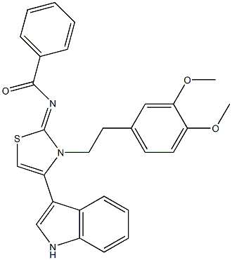 N-(3-[2-(3,4-dimethoxyphenyl)ethyl]-4-(1H-indol-3-yl)-1,3-thiazol-2(3H)-ylidene)benzamide 구조식 이미지