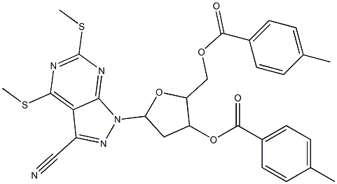 5-[3-cyano-4,6-bis(methylsulfanyl)-1H-pyrazolo[3,4-d]pyrimidin-1-yl]-2-{[(4-methylbenzoyl)oxy]methyl}tetrahydro-3-furanyl 4-methylbenzoate Structure