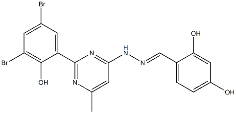 2,4-dihydroxybenzaldehyde [2-(3,5-dibromo-2-hydroxyphenyl)-6-methyl-4-pyrimidinyl]hydrazone 구조식 이미지