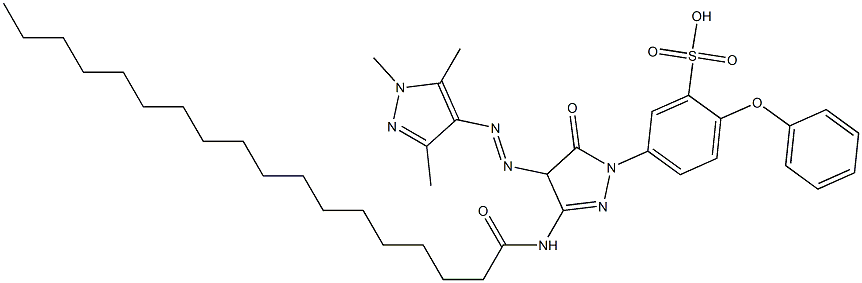 5-{5-oxo-3-(stearoylamino)-4-[(1,3,5-trimethyl-1H-pyrazol-4-yl)diazenyl]-4,5-dihydro-1H-pyrazol-1-yl}-2-phenoxybenzenesulfonic acid 구조식 이미지