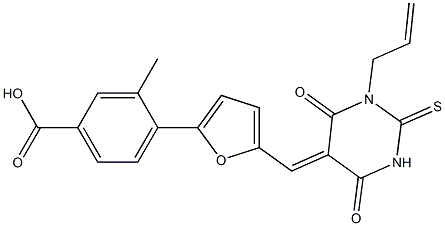 4-{5-[(1-allyl-4,6-dioxo-2-thioxotetrahydro-5(2H)-pyrimidinylidene)methyl]-2-furyl}-3-methylbenzoic acid 구조식 이미지