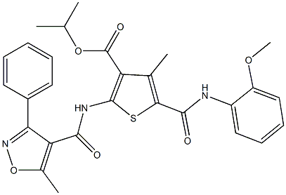 isopropyl 5-[(2-methoxyanilino)carbonyl]-4-methyl-2-{[(5-methyl-3-phenyl-4-isoxazolyl)carbonyl]amino}-3-thiophenecarboxylate 구조식 이미지