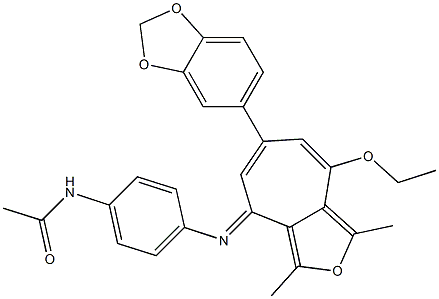 N-(4-{[6-(1,3-benzodioxol-5-yl)-8-ethoxy-1,3-dimethyl-4H-cyclohepta[c]furan-4-ylidene]amino}phenyl)acetamide 구조식 이미지