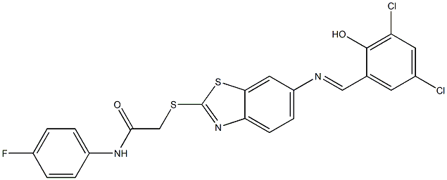2-({6-[(3,5-dichloro-2-hydroxybenzylidene)amino]-1,3-benzothiazol-2-yl}sulfanyl)-N-(4-fluorophenyl)acetamide 구조식 이미지