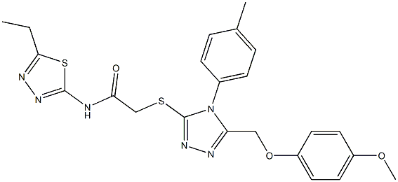 N-(5-ethyl-1,3,4-thiadiazol-2-yl)-2-{[5-[(4-methoxyphenoxy)methyl]-4-(4-methylphenyl)-4H-1,2,4-triazol-3-yl]sulfanyl}acetamide 구조식 이미지