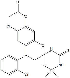 7-(acetyloxy)-6-chloro-6',6'-dimethyl-4-(2-chlorophenyl)-2'-thioxospiro[chromane-2,4-hexahydropyrimidine] 구조식 이미지