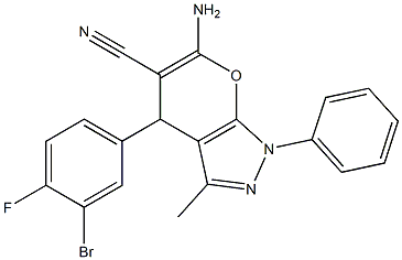 6-amino-4-(3-bromo-4-fluorophenyl)-3-methyl-1-phenyl-1,4-dihydropyrano[2,3-c]pyrazole-5-carbonitrile Structure