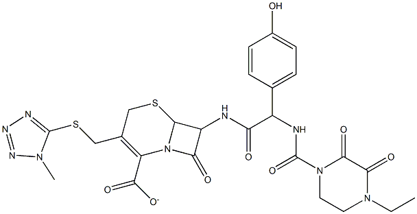 7-{[{[(4-ethyl-2,3-dioxo-1-piperazinyl)carbonyl]amino}(4-hydroxyphenyl)acetyl]amino}-3-{[(1-methyl-1H-tetraazol-5-yl)sulfanyl]methyl}-8-oxo-5-thia-1-azabicyclo[4.2.0]oct-2-ene-2-carboxylate 구조식 이미지