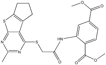 dimethyl 2-({[(2-methyl-6,7-dihydro-5H-cyclopenta[4,5]thieno[2,3-d]pyrimidin-4-yl)sulfanyl]acetyl}amino)terephthalate Structure
