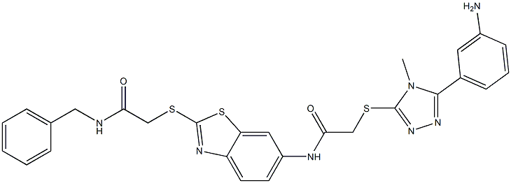 2-{[5-(3-aminophenyl)-4-methyl-4H-1,2,4-triazol-3-yl]sulfanyl}-N-(2-{[2-(benzylamino)-2-oxoethyl]sulfanyl}-1,3-benzothiazol-6-yl)acetamide 구조식 이미지