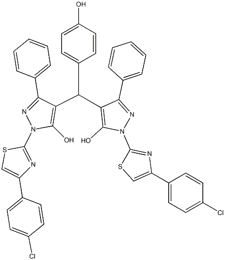 1-[4-(4-chlorophenyl)-1,3-thiazol-2-yl]-4-[{1-[4-(4-chlorophenyl)-1,3-thiazol-2-yl]-5-hydroxy-3-phenyl-1H-pyrazol-4-yl}(4-hydroxyphenyl)methyl]-3-phenyl-1H-pyrazol-5-ol 구조식 이미지