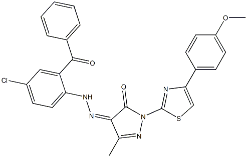 1-[4-(4-methoxyphenyl)-1,3-thiazol-2-yl]-3-methyl-1H-pyrazole-4,5-dione 4-[N-(2-benzoyl-4-chlorophenyl)hydrazone] Structure