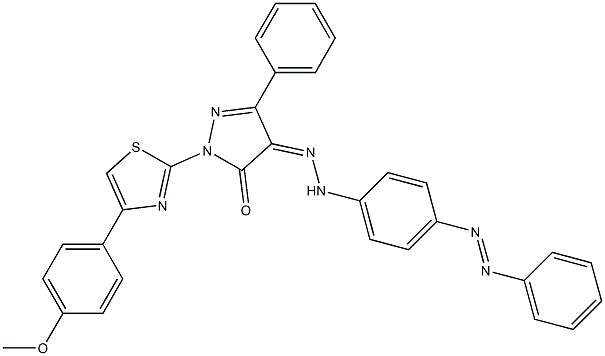 1-[4-(4-methoxyphenyl)-1,3-thiazol-2-yl]-3-phenyl-1H-pyrazole-4,5-dione 4-(N-{4-[(E)-2-phenyldiazenyl]phenyl}hydrazone) Structure