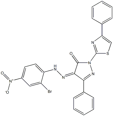 3-phenyl-1-(4-phenyl-1,3-thiazol-2-yl)-1H-pyrazole-4,5-dione 4-[N-(2-bromo-4-nitrophenyl)hydrazone] 구조식 이미지