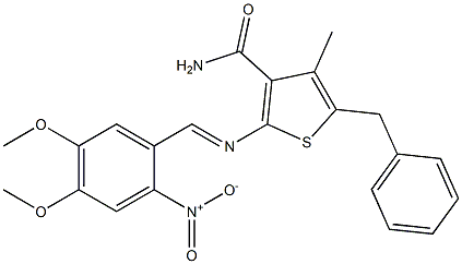 5-benzyl-2-{[(E)-(4,5-dimethoxy-2-nitrophenyl)methylidene]amino}-4-methyl-3-thiophenecarboxamide 구조식 이미지