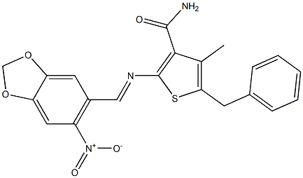 5-benzyl-4-methyl-2-{[(E)-(6-nitro-1,3-benzodioxol-5-yl)methylidene]amino}-3-thiophenecarboxamide 구조식 이미지