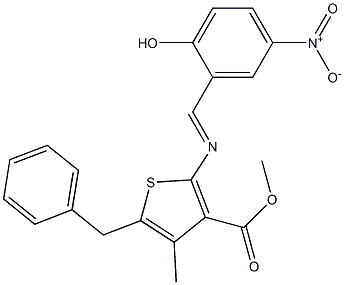 methyl 5-benzyl-2-{[(E)-(2-hydroxy-5-nitrophenyl)methylidene]amino}-4-methyl-3-thiophenecarboxylate 구조식 이미지