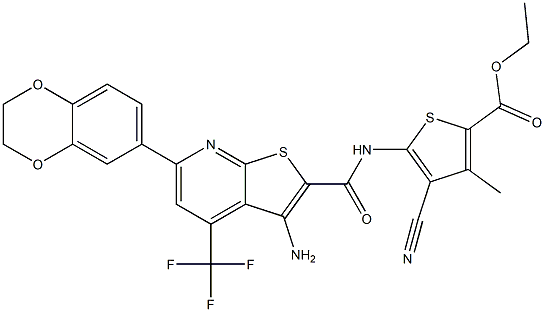 ethyl 5-({[3-amino-6-(2,3-dihydro-1,4-benzodioxin-6-yl)-4-(trifluoromethyl)thieno[2,3-b]pyridin-2-yl]carbonyl}amino)-4-cyano-3-methyl-2-thiophenecarboxylate Structure