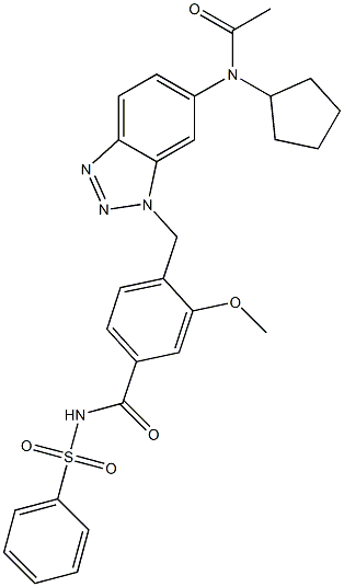 4-[6-(Cyclopentylacetylamino)-1H-benzotriazol-1-ylmethyl]-3-methoxy-N-(phenylsulfonyl)benzamide 구조식 이미지