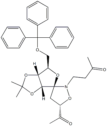 (3S,5S,7R,8R,9R)-3-Acetyl-8,9-isopropylidenedioxy-1-(3-oxobutyl)-7-trityloxymethyl-2,6-dioxa-1-azaspiro[4.4]nonane 구조식 이미지