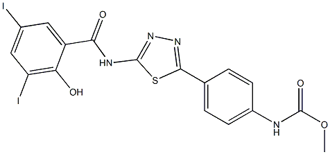 2-Hydroxy-3,5-diiodo-N-[5-[4-[(methoxycarbonyl)amino]phenyl]-1,3,4-thiadiazol-2-yl]benzamide 구조식 이미지