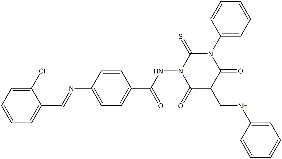 4-(2-Chlorobenzylideneamino)-N-[[hexahydro-4,6-dioxo-2-thioxo-3-(phenyl)-5-(phenylaminomethyl)pyrimidin]-1-yl]benzamide 구조식 이미지