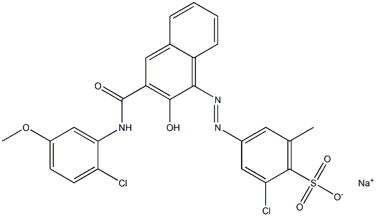 2-Chloro-6-methyl-4-[[3-[[(2-chloro-5-methoxyphenyl)amino]carbonyl]-2-hydroxy-1-naphtyl]azo]benzenesulfonic acid sodium salt 구조식 이미지
