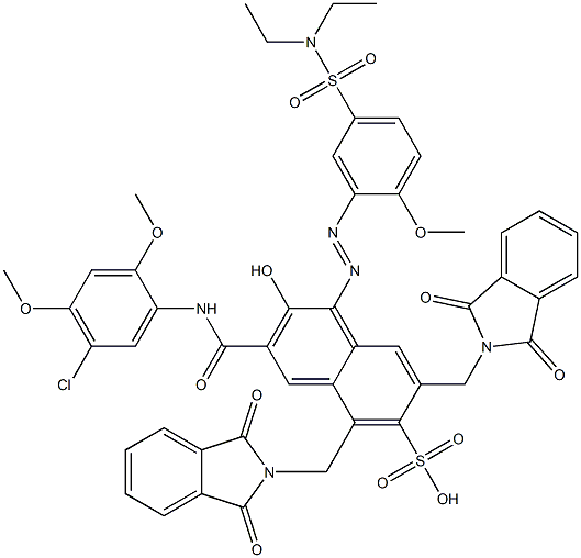 3-[(5-Chloro-2,4-dimethoxyphenyl)aminocarbonyl]-1-[5-[(diethylamino)sulfonyl]-2-methoxyphenylazo]-2-hydroxy-5,7-bis(phthalimidylmethyl)naphthalene-6-sulfonic acid 구조식 이미지