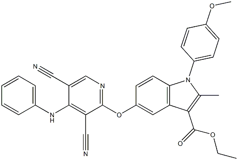 1-(4-Methoxyphenyl)-2-methyl-5-[3,5-dicyano-4-(phenylamino)pyridin-2-yloxy]-1H-indole-3-carboxylic acid ethyl ester 구조식 이미지