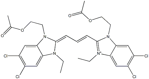 1-[2-(Acetyloxy)ethyl]-2-[3-[[3-[2-(acetyloxy)ethyl]-5,6-dichloro-1-ethyl-1,3-dihydro-2H-benzimidazol]-2-ylidene]-1-propenyl]-5,6-dichloro-3-ethyl-1H-benzimidazol-3-ium 구조식 이미지