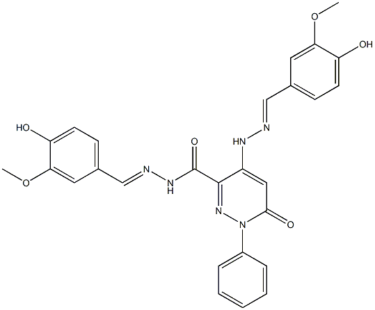 1,6-Dihydro-N'-(4-hydroxy-3-methoxybenzylidene)-4-[N'-(4-hydroxy-3-methoxybenzylidene)hydrazino]-6-oxo-1-phenylpyridazine-3-carboxylic acid hydrazide 구조식 이미지