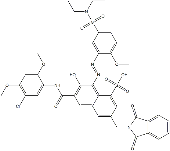 3-[(5-Chloro-2,4-dimethoxyphenyl)aminocarbonyl]-1-[5-[(diethylamino)sulfonyl]-2-methoxyphenylazo]-2-hydroxy-6-(phthalimidylmethyl)naphthalene-8-sulfonic acid 구조식 이미지