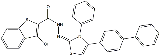 3-Chloro-N'-[(3-phenyl-4-(1,1'-biphenyl-4-yl)-2,3-dihydrothiazol)-2-ylidene]benzo[b]thiophene-2-carbohydrazide 구조식 이미지